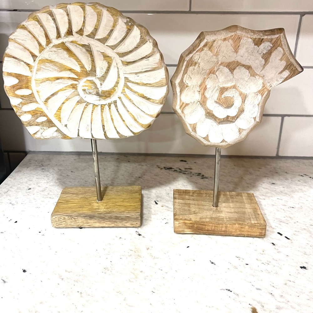 Set of 2 Carved Wooden Sea Shells Beach Home Decor